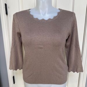 PHILOSOPHY Women Beige Scallop Edge Pullover Ribbed Shirt Cottage Core L NEW